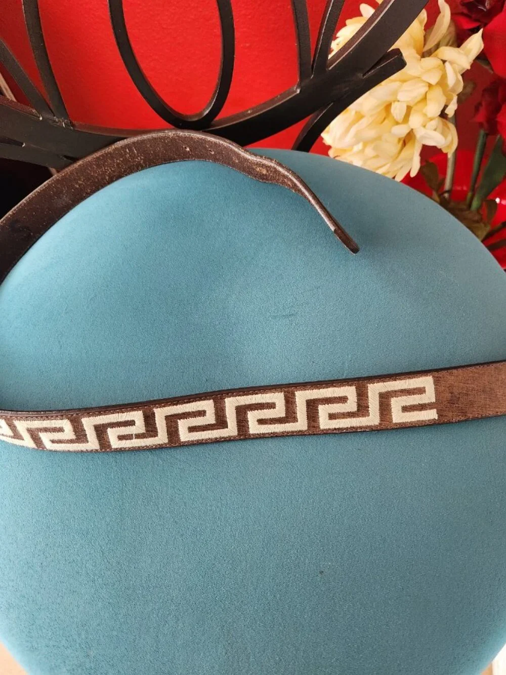 PATAGONIA ~ Men's Leather Belt with Brass Buckle ~ Greek Key Design ~ USA